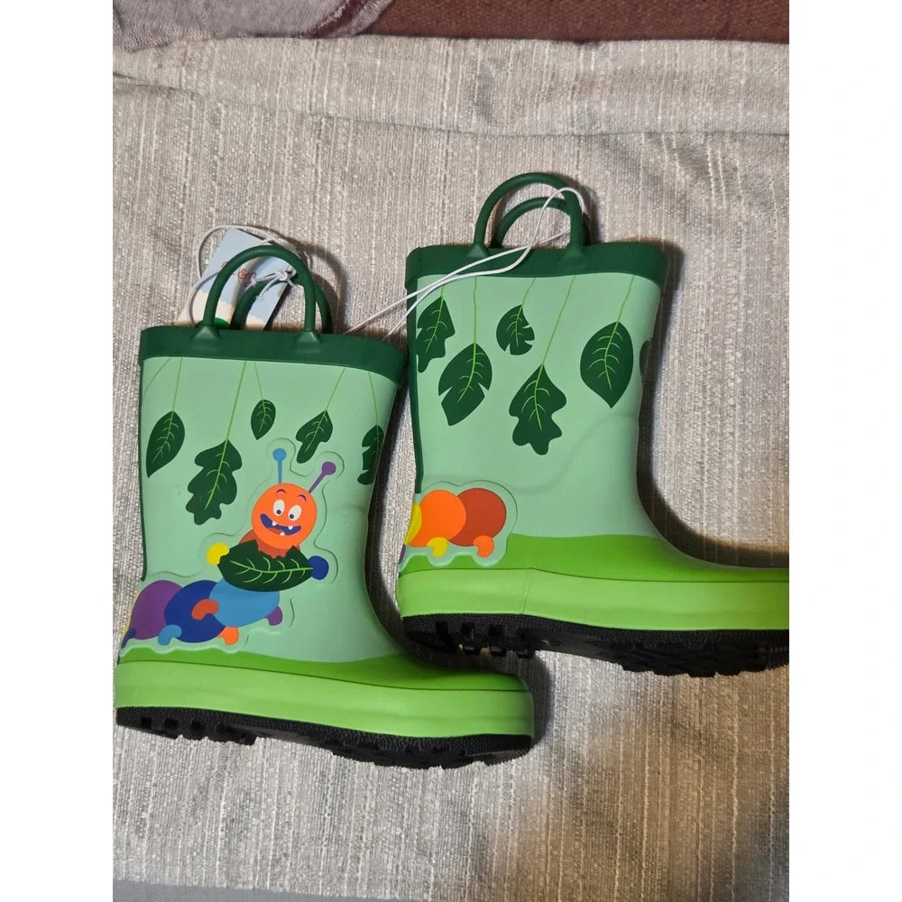 Cat & Jack Toddler Green Caterpillar Rain Boots Pull On Handles Size 10